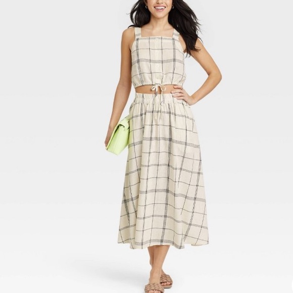 A New Day Windowpane SET with Top & Smocked Waist Mid-Rise A-Line Skirt - Picture 1 of 7